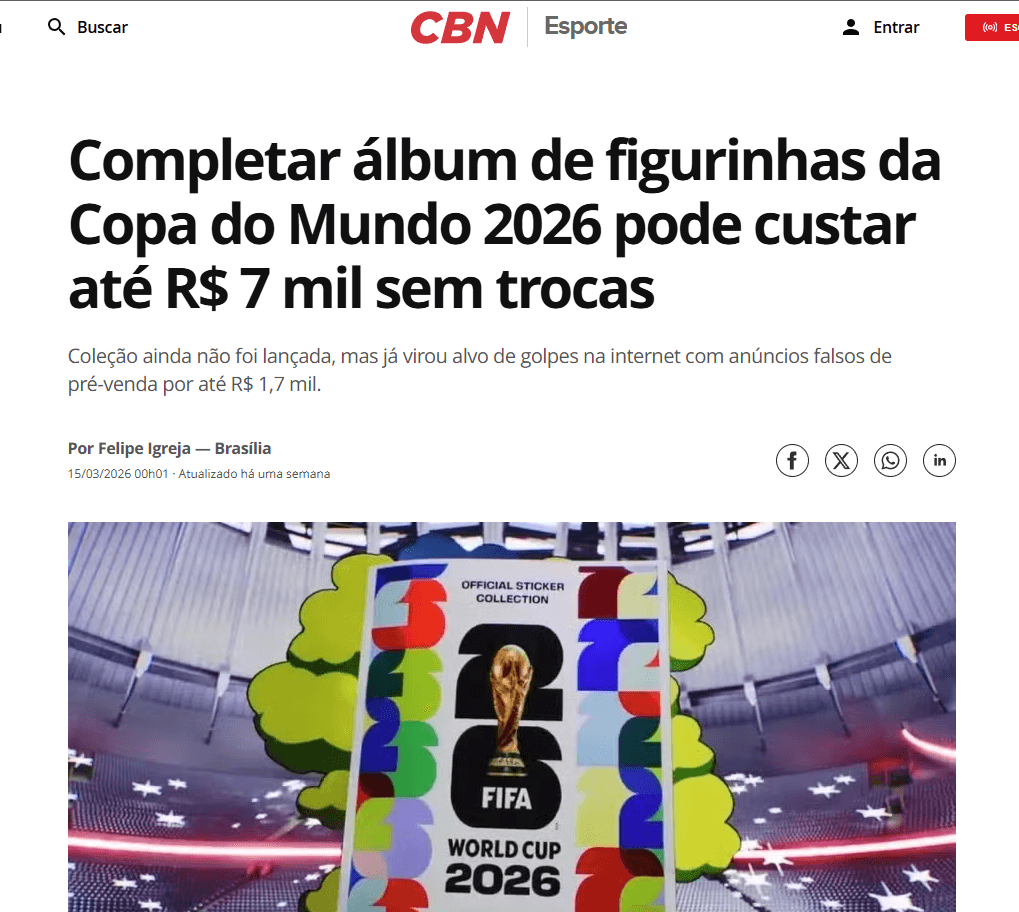 Matéria da CBN sobre o custo do álbum da Copa 2026