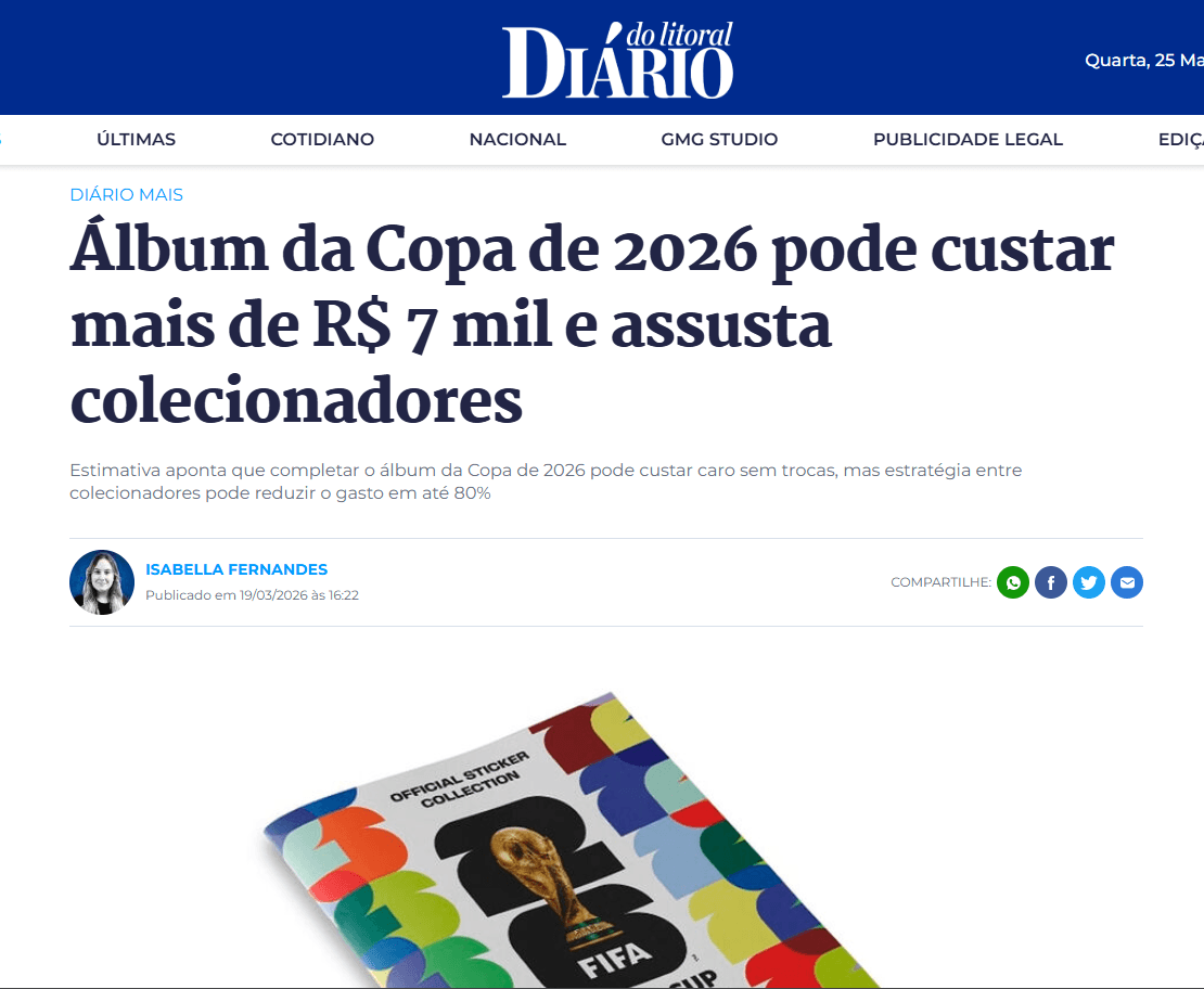 Matéria do Diário do Litoral sobre o custo do álbum da Copa 2026