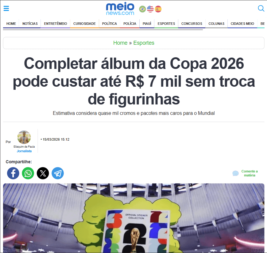 Matéria do Meio News sobre o custo do álbum da Copa 2026